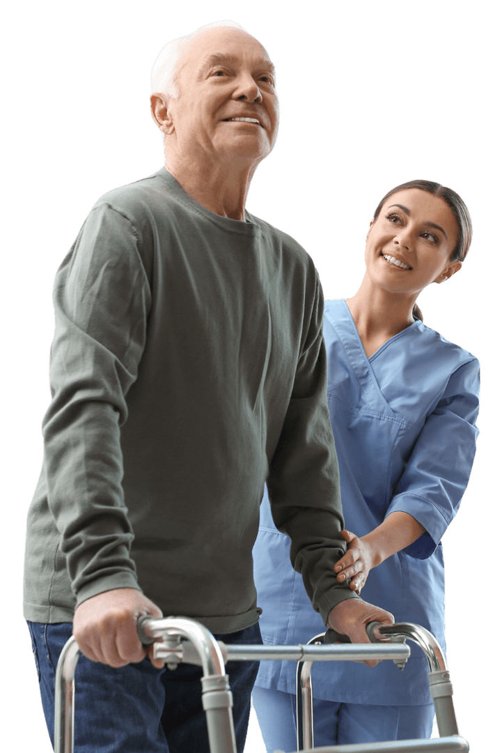 old man standing with nurse